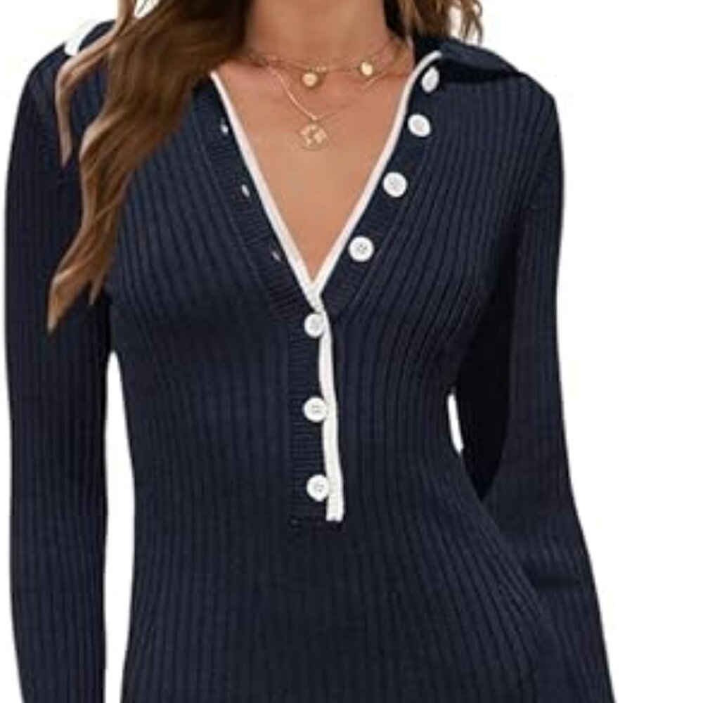 TECREW Women's Long Sleeve V Neck Sweater Maxi Dress Button Bodycon Fitted Fall